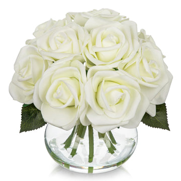 6" White Roses Artificial Flowers in Vase Medium Silk Fake Rose Bouquet Flower Floral Arrangements with Glass Vase