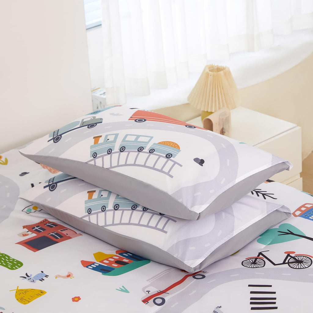 Twin Comforter Sets for Boys 3-Piece Cartoon Cars Kids Bedding Sets Soft and Lightweight White Construction Comforter