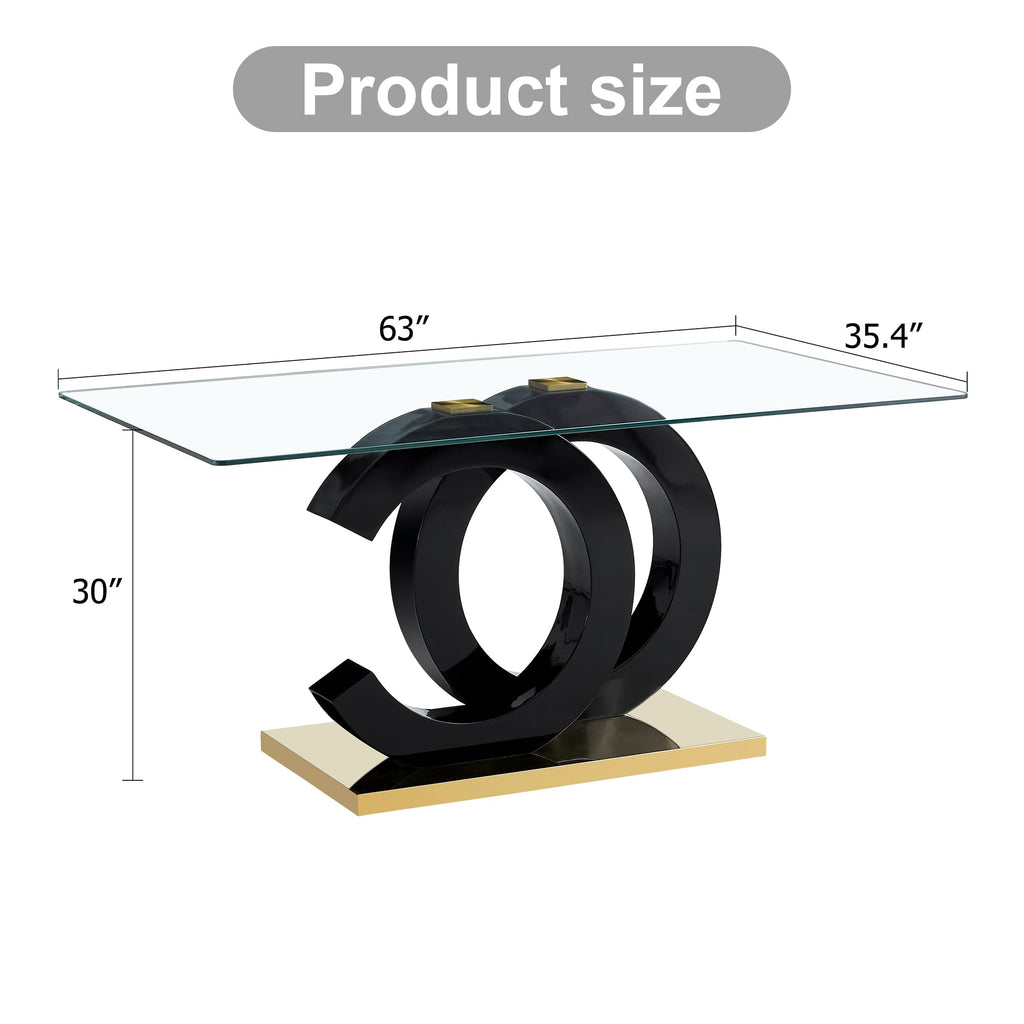Inspired Saarinen Style 63" Modern Glass Dining Table for 6, Black OC-Shape Pedestal & Gold Base, Rectangular Tempered Glass Kitchen Table