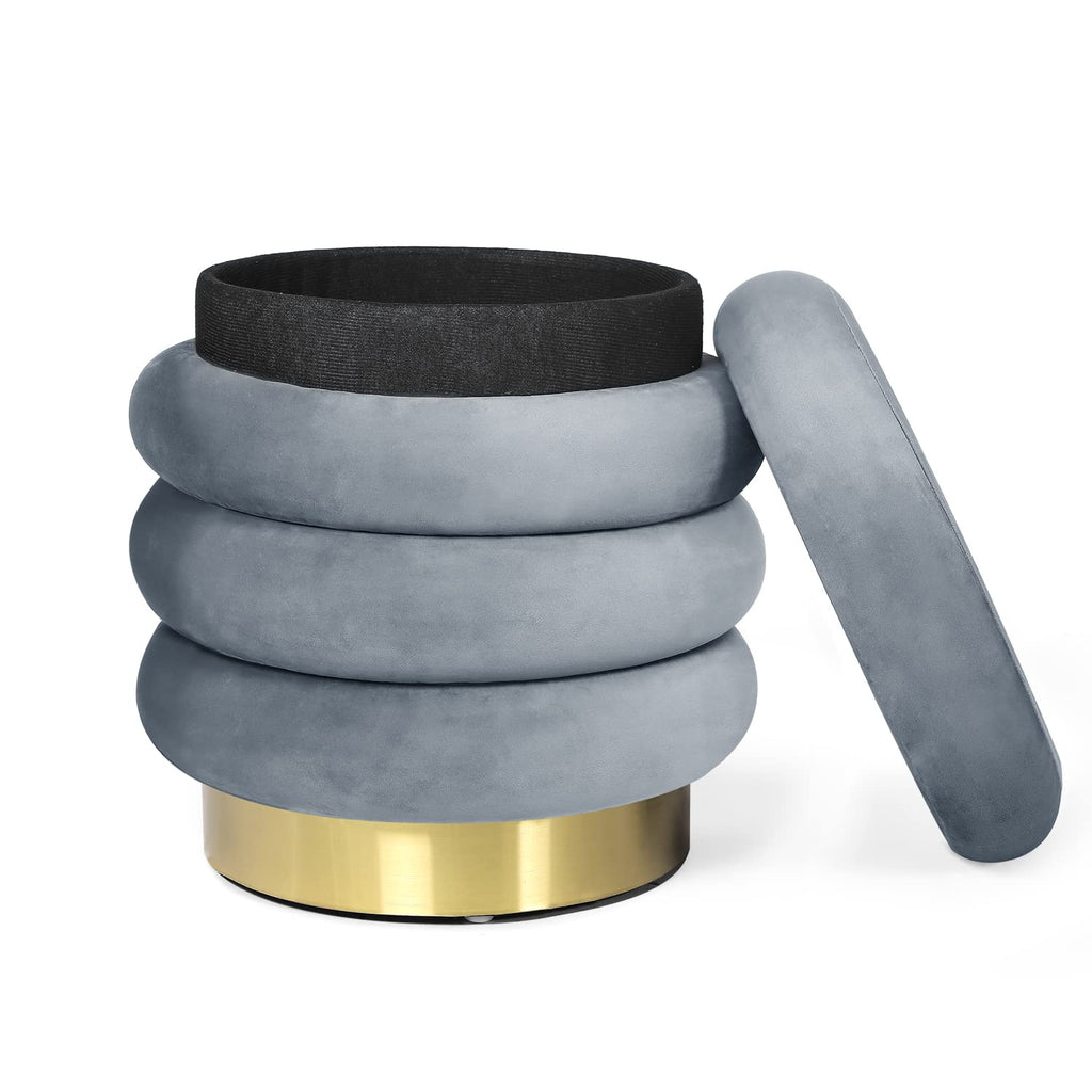 15.9 Inch Velvet Round Contemporary Modern Storage Ottoman Coffee Table with Gold Base, Grey