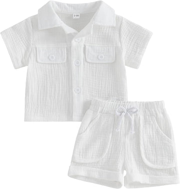 Baby Boys Button Down Shirt Tops + Shorts Infant Toddler Summer Outfit 2Pieces Cotton Gauze Clothes with Pockets