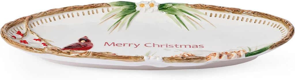And Floyd Poinsettia Holiday Merry Christmas Serving Platter, Cardinal Pinecone Design, Serveware for Seasonal
