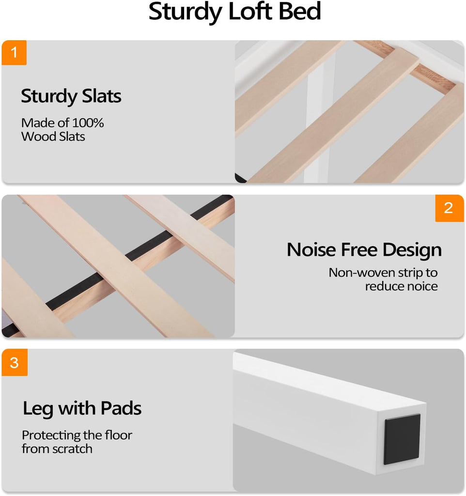 Junior Low Loft Bed with Stairs, White Wood Loft Bed Full for Adults, Kids and Young Teens