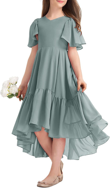 Girls Ruffle Dresses Short Sleeve Junior Bridesmaid Party Dress