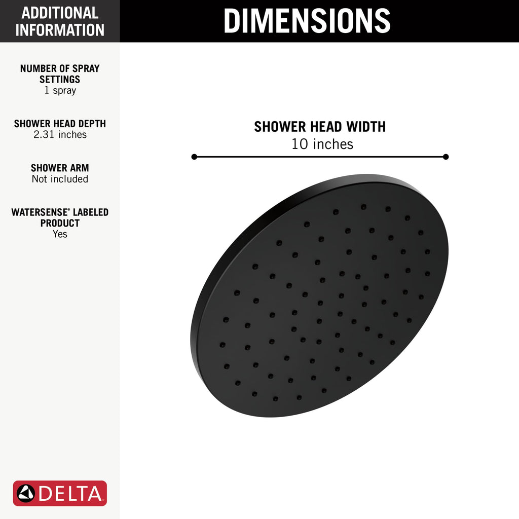 Matte Black Rain Shower Head, 10 Inch Metal Large Shower Head Rainfall, Overhead Rain Showerhead, 1.75 GPM Flow Rate