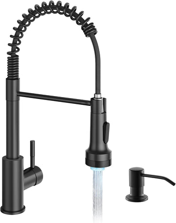 Matte Black LED Kitchen Faucet with Soap Dispenser Pull-Down Sprayer | Modern Single Handle Spring Kitchen Sink