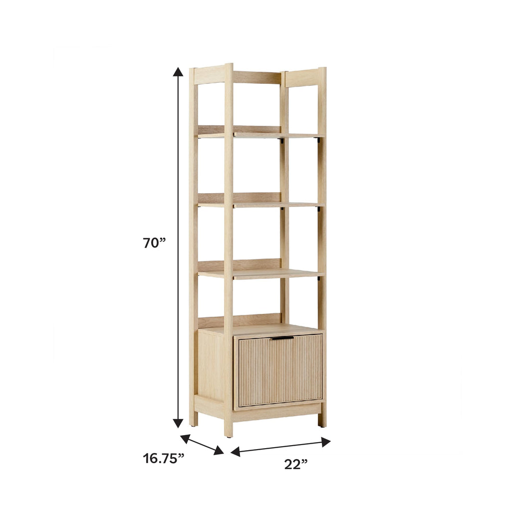 Transitional Reeded Narrow Open Bookshelf with Drawer on Bottom, 4-Shelf Bookcase with Bottom Storage, 22"W x