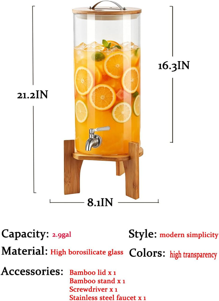 Beverage Dispenser,2.9 Gallon Glass Drink Dispenser with Stand,Glass water dispenser with Spigot, Large Drink