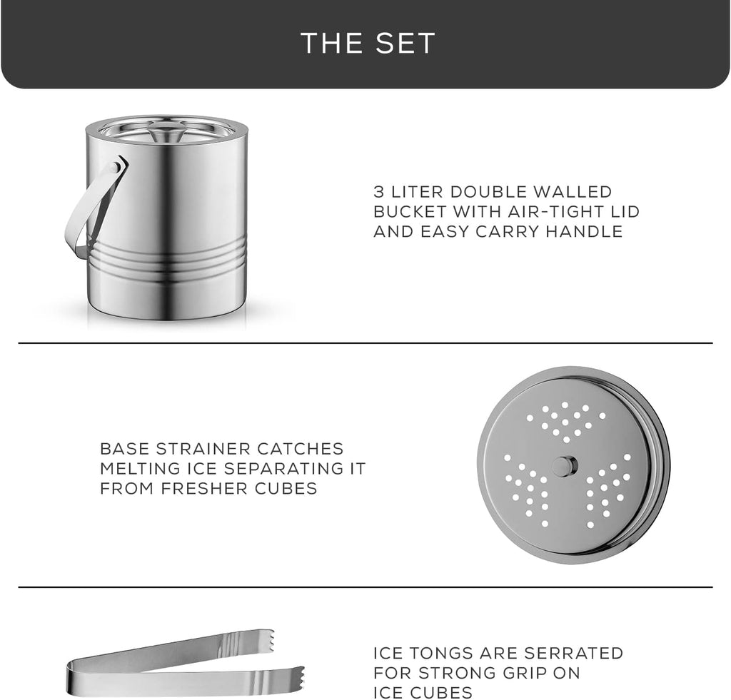 Metal Double Wall Ice Bucket with Lid, Ice Tongs and Strainer. 3L Insulated Ice Bucket for Cocktail Bar, Wine, Home - Set of 3