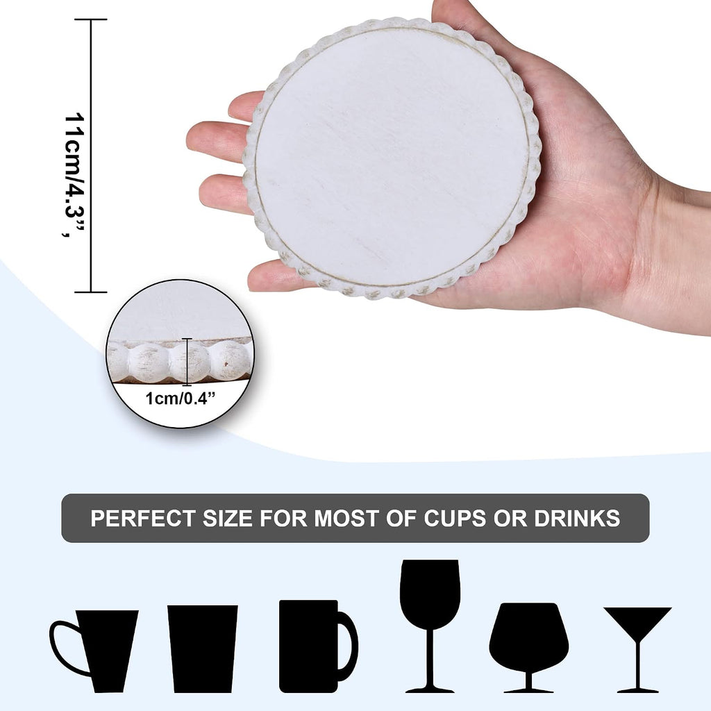 GENMOUS 6 Pack Farmhouse Wooden Bead Coasters with Metal Holder for Coffee Table Decor, Round Handmade Cup Coasters - Set of 6