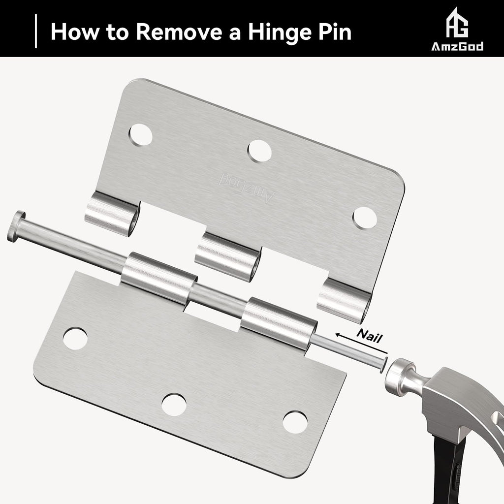 Door Hinges Brushed Nickel - 3 Pack 3.5 Inch Rounded Interior Satin Nickel with 1/4" Radius Corners - 3 1/2 Inches