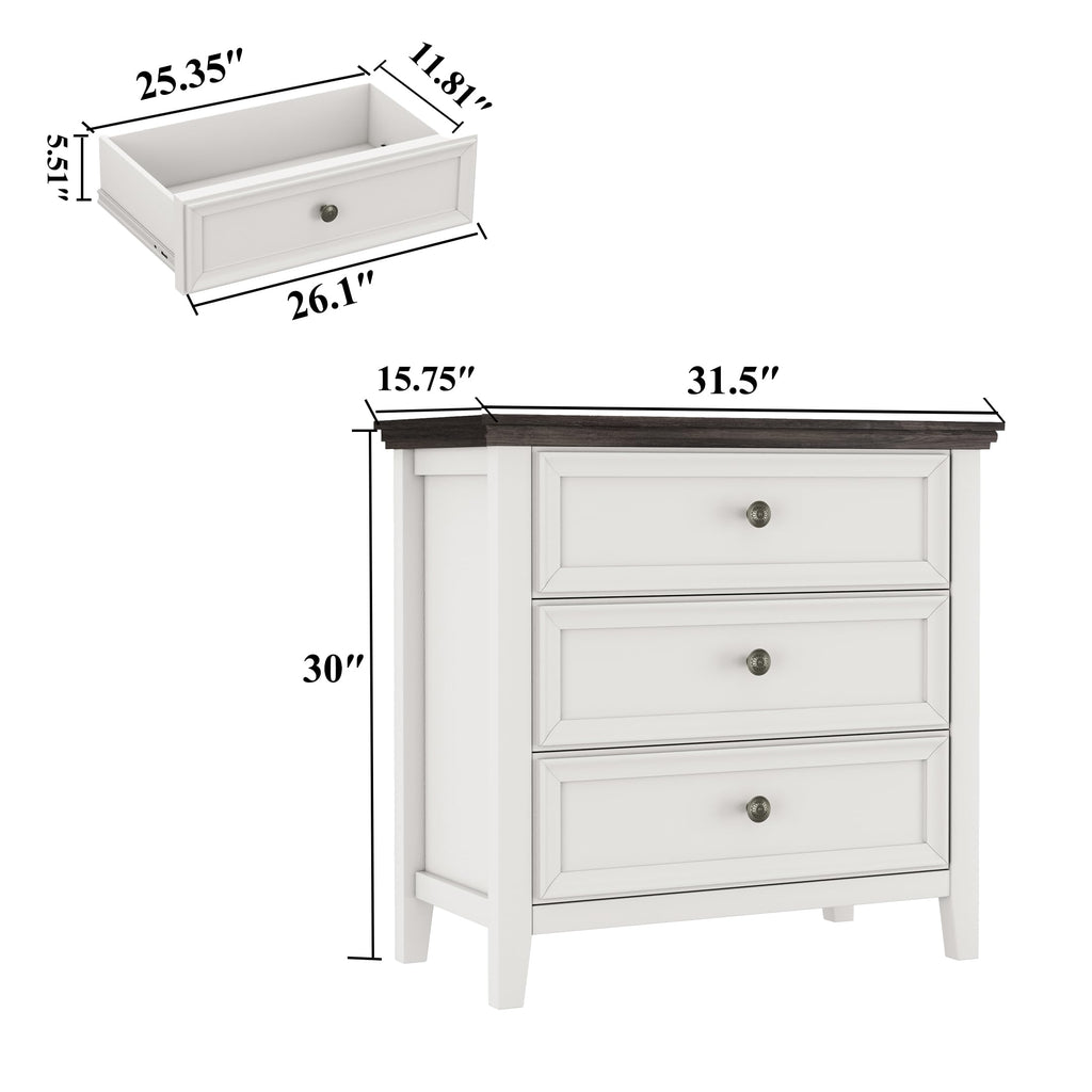 Farmhouse 3-Drawer - 31.5" Wide 3 Chest of Drawers Storage Cabinet as Nightstand or Bedside (Antique White & Brown)