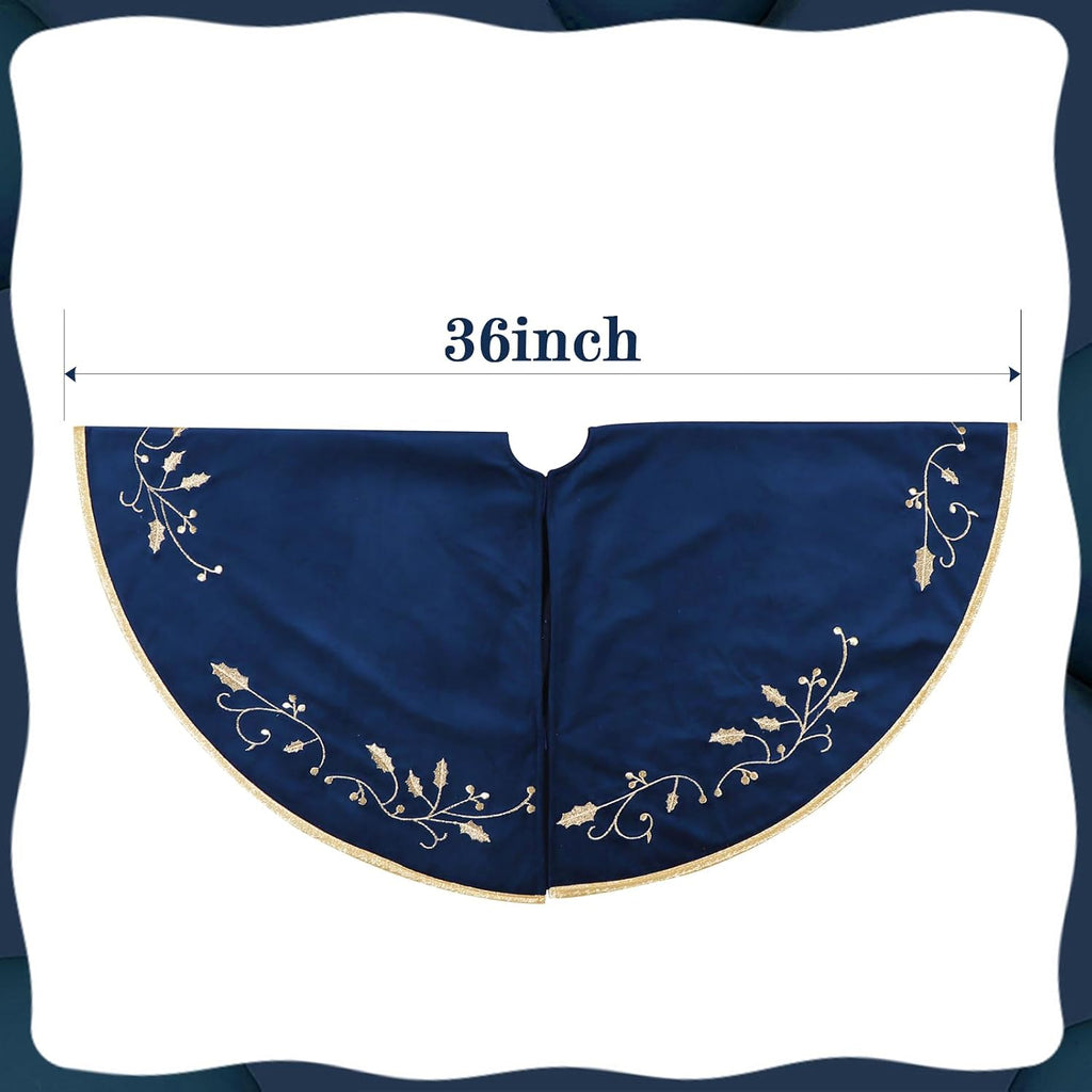 Christmas Tree Skirt, 36 inches Large Velvet Fur Plush Blue Tree Skirt, Xmas Tree Skirts with Gold Embroidered Holly