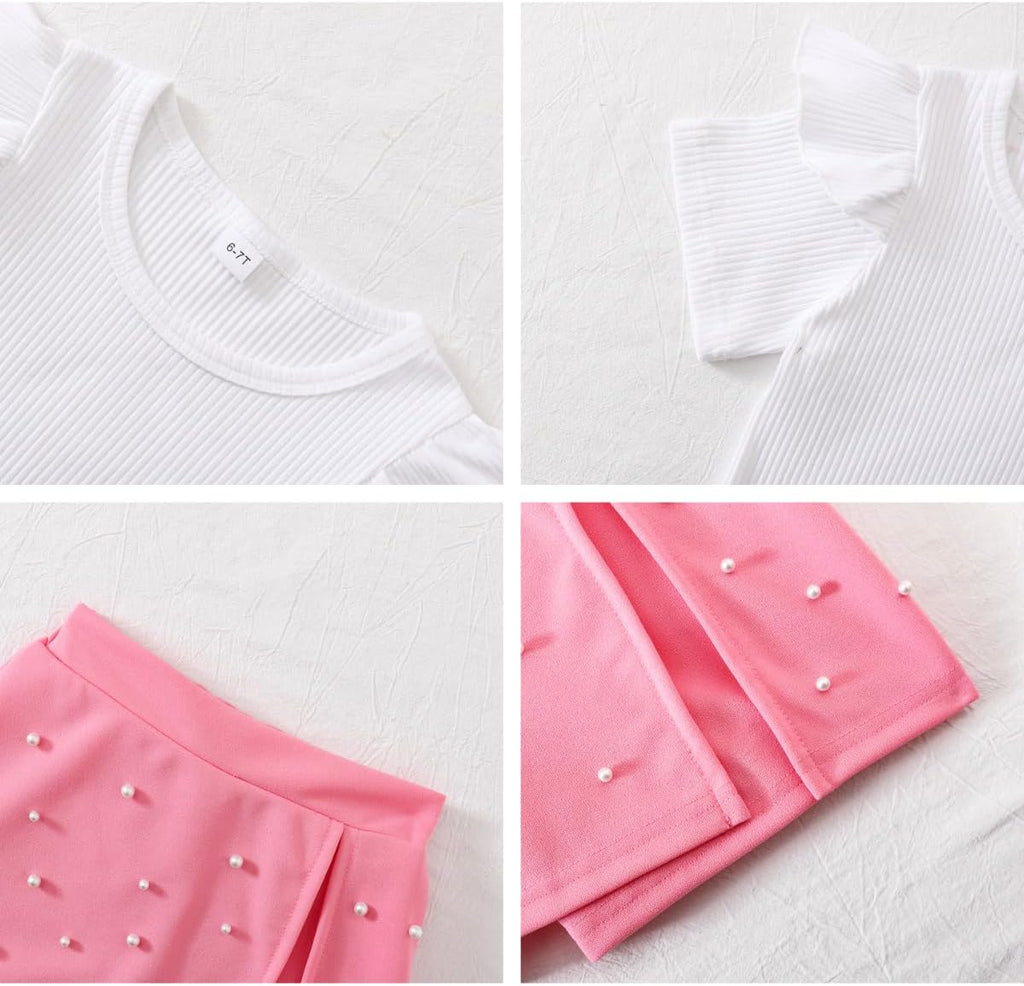 2 Piece Clothes Ruffled Sleeve Striped Top and Pearl Skirt Short Set Girl Summer Clothes