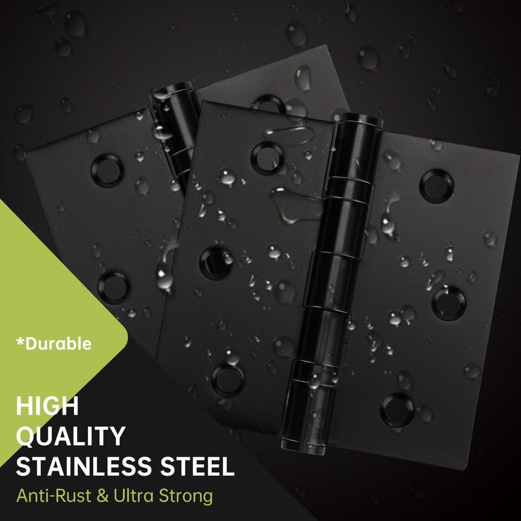 6 Pack Black Door Hinges 3.5 x 3.5 Inches, Heavy Duty Stainless Steel Ball Bearing Hinges with Screws, Square Corner