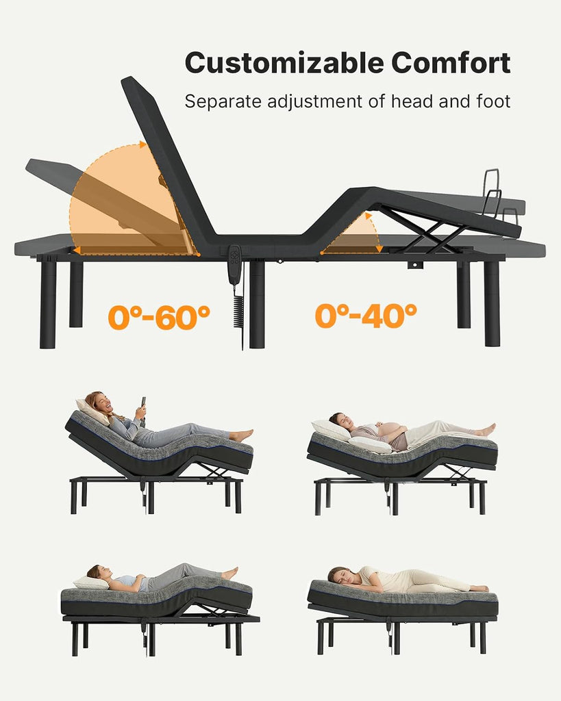 Amada King Adjustable Bed Frame with Head and Foot Incline, Quiet Motor
