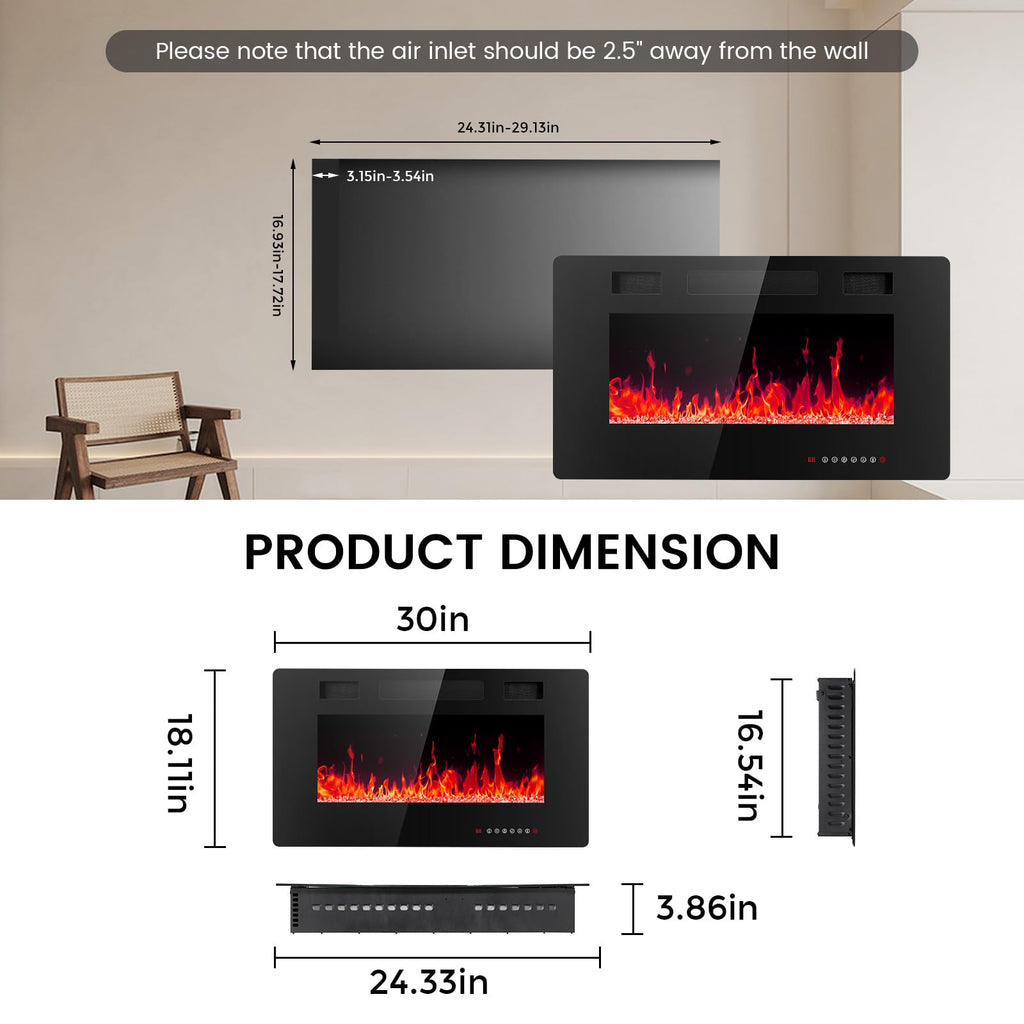 Electric Fireplace 30 inch, Recessed and Wall Mounted Electric Fireplace with Remote Control, Fireplace Heater