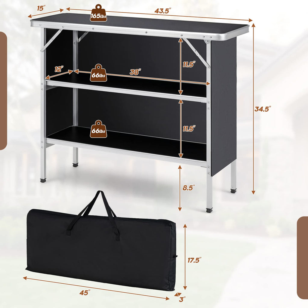 Portable Bar Table for Events, Folding Mobile Bartending Station with Storage Shelves, Removable Privacy Skirt