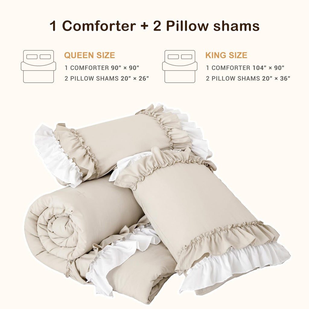 Ruffled Comforter Set, Farmhouse Shabby Boho Chic Bedding Wheat and White Ruffle Comforter Vintage Rustic French