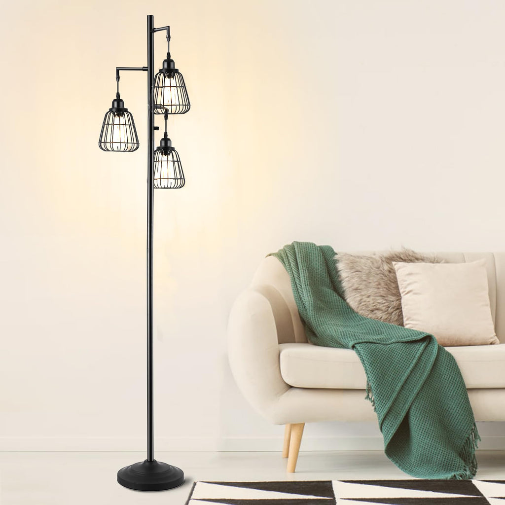 68" Living Room Floor Lamp, Industrial Farmhouse 3 Teardrop Cage Standing Lamp, Black Tall Floor Lamp Office, 3 LED