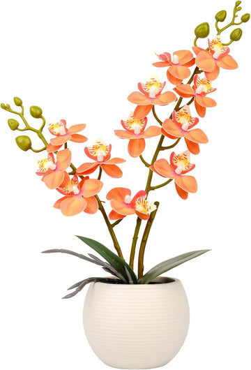 Orange Artificial Orchid Flower Potted in White Pot for Fall Decor - Set of 2
