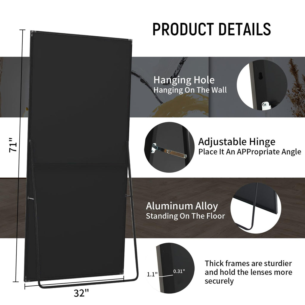 71" x 32" Full Length Mirror with Stand, Black Large Floor Mirror