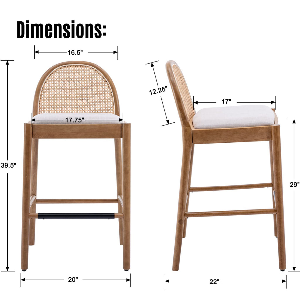 Modern Bar Stools Set of 2, 29 Inches Bar Height Barstools with Rattan Back, Linen Upholstered Kitchen Island Chair