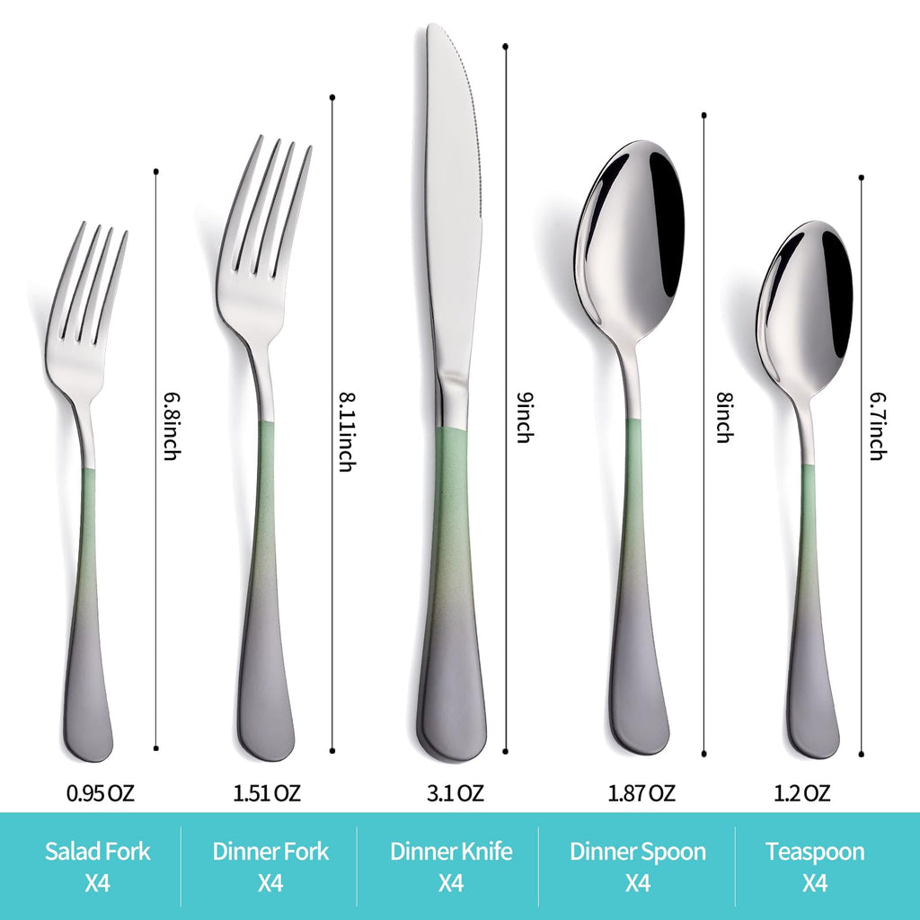 20-Piece Green and Gray Silverware Set for 4, 18/0 Stainless Steel Flatware Cutlery Utensils Set, Include Dinner