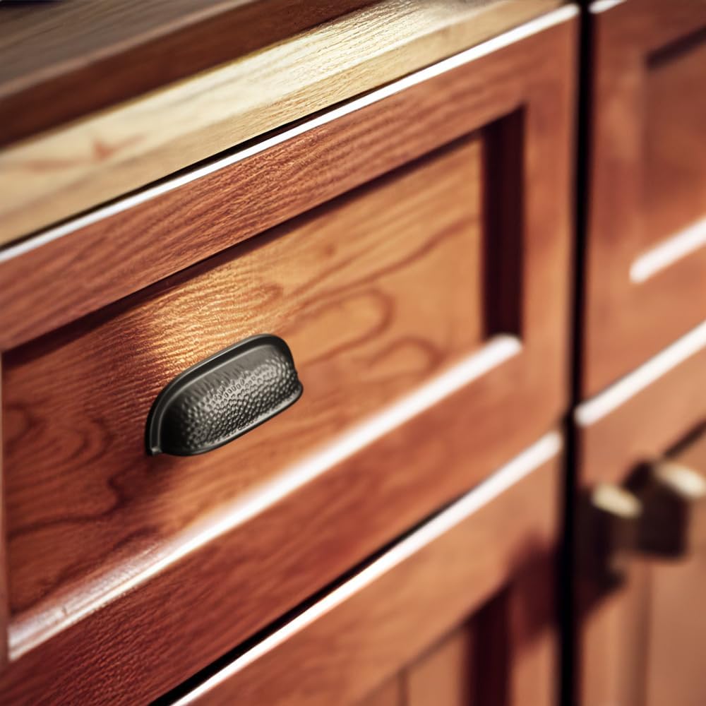 6 Pack 2 1/2 Inch Matte Black Cabinet Cup Pulls - Hammered Texture with Curved Edges, Elegant Modern Drawer Bin Handle