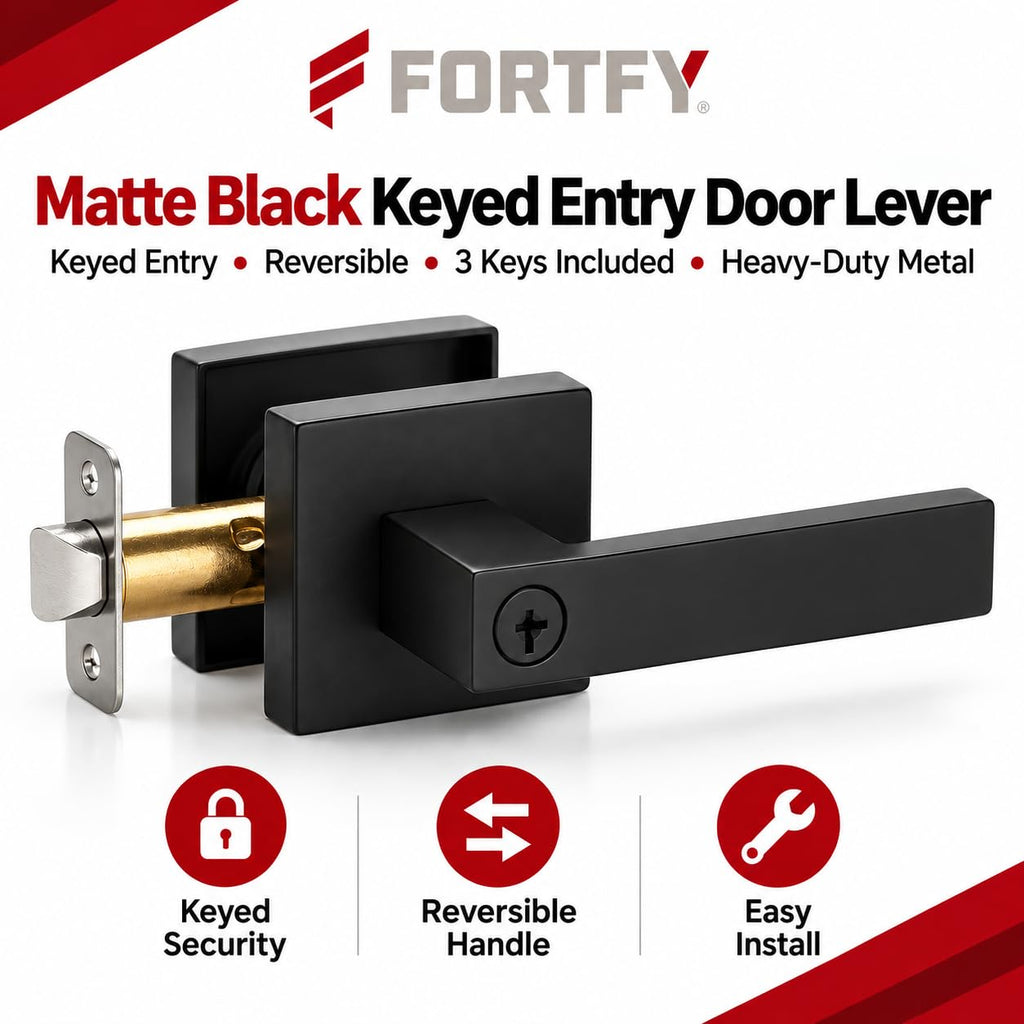 Matte Black Door Lever with Lock and Key - Keyed Entry Handle for Front Door, Bedroom & Office, Square Modern Lever