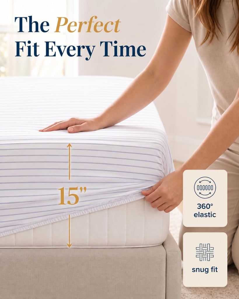 100% Cotton Sateen Queen Sheets Set, Ticking Stripe, for Hot Sleepers