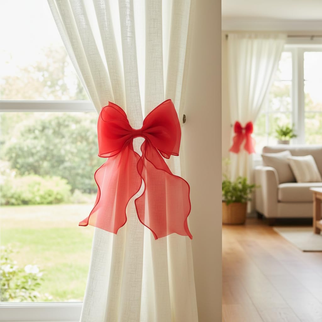 French Lace Bow Curtain Tiebacks, Red - 2 Pack