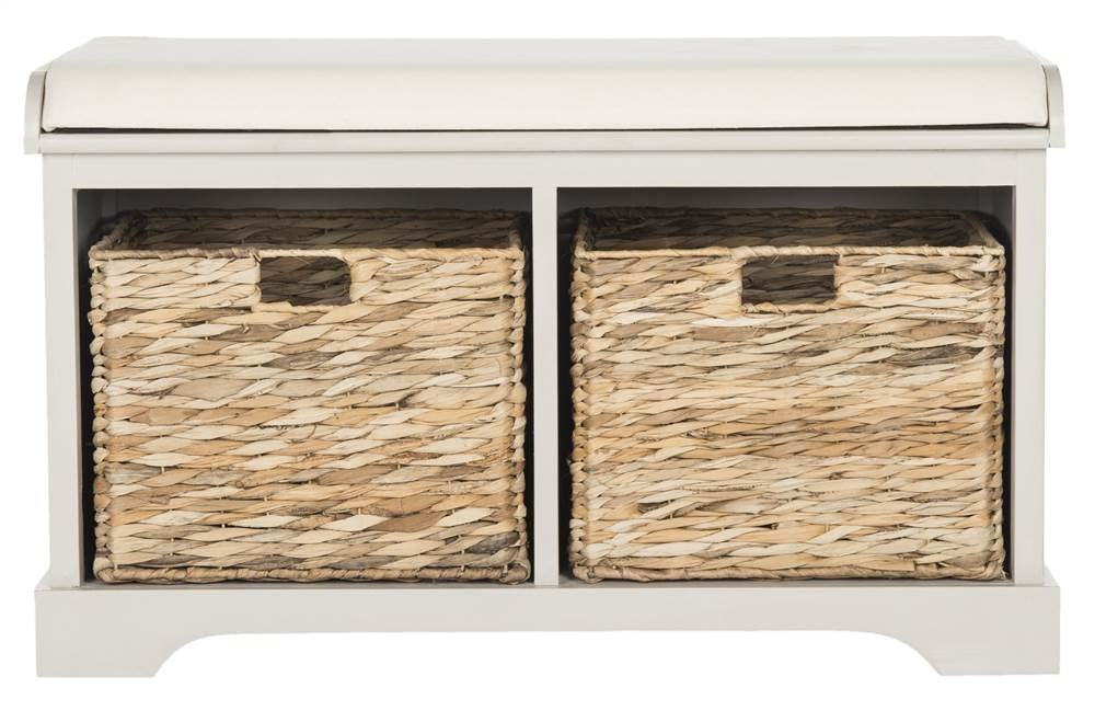 Freddy 2-Basket Storage Bench - Vintage Grey - Solid Wood - Coastal Basket Storage Design - Ideal, 18"