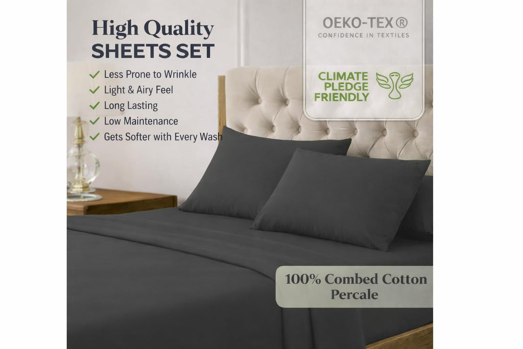 Percale Cotton Sheet Set Full Size, 4‐Piece, 100% Combed Cotton Sheets, Crisp & Cool, 16 in Deep‐Pocket Fitted Sheet