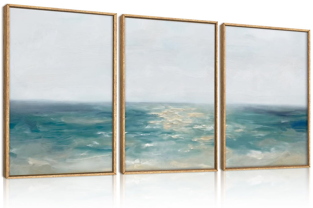 Large Abstract Blue Coastal Framed Canvas Wall Art Set-16"x24"x3