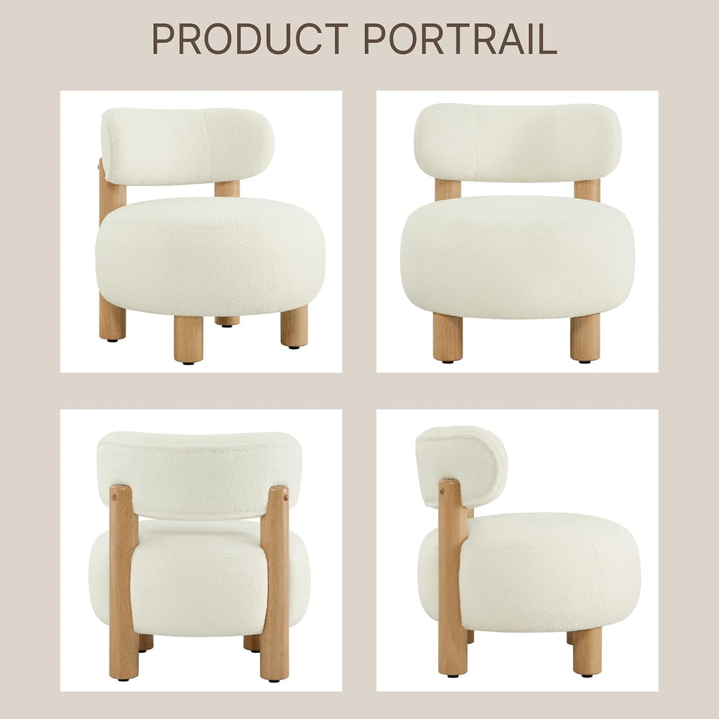 Modern Boucle Accent Chair, with Plush Faux Sherpa Upholstery, Curved Backrest, Solid Wood Legs Bedroom Reading Nook
