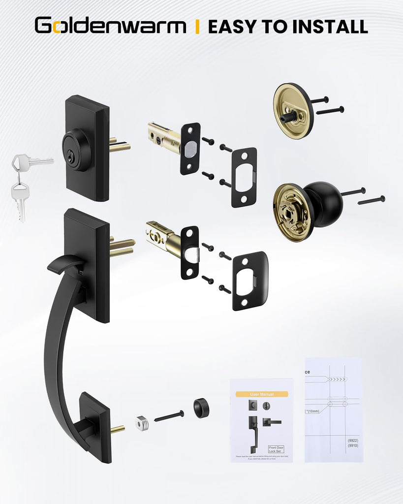 Front Door Handle and Deadbolt Set, Matte Black Front Door Knob