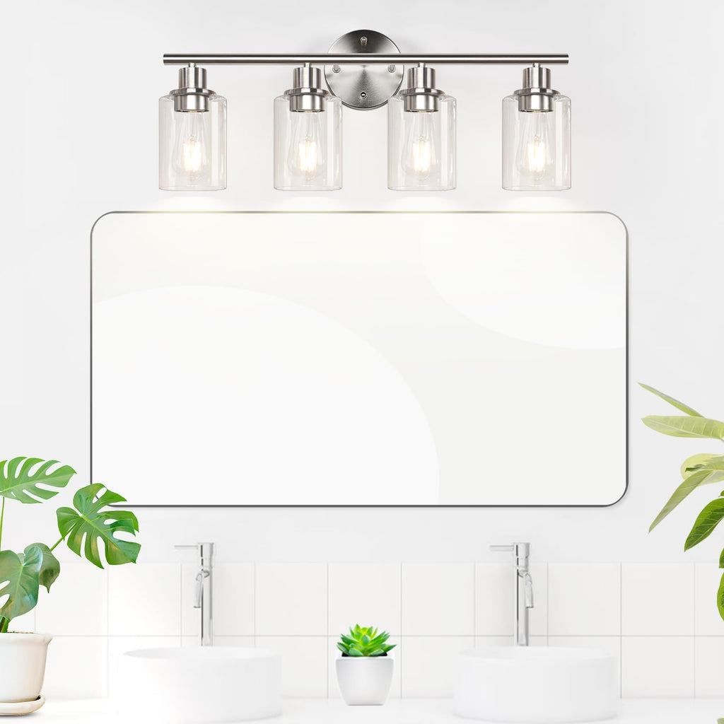 4-Light Bathroom Light Fixtures, Brushed Nickel Modern Vanity Lights Over Mirror with Clear Glass Shade, Bathroom