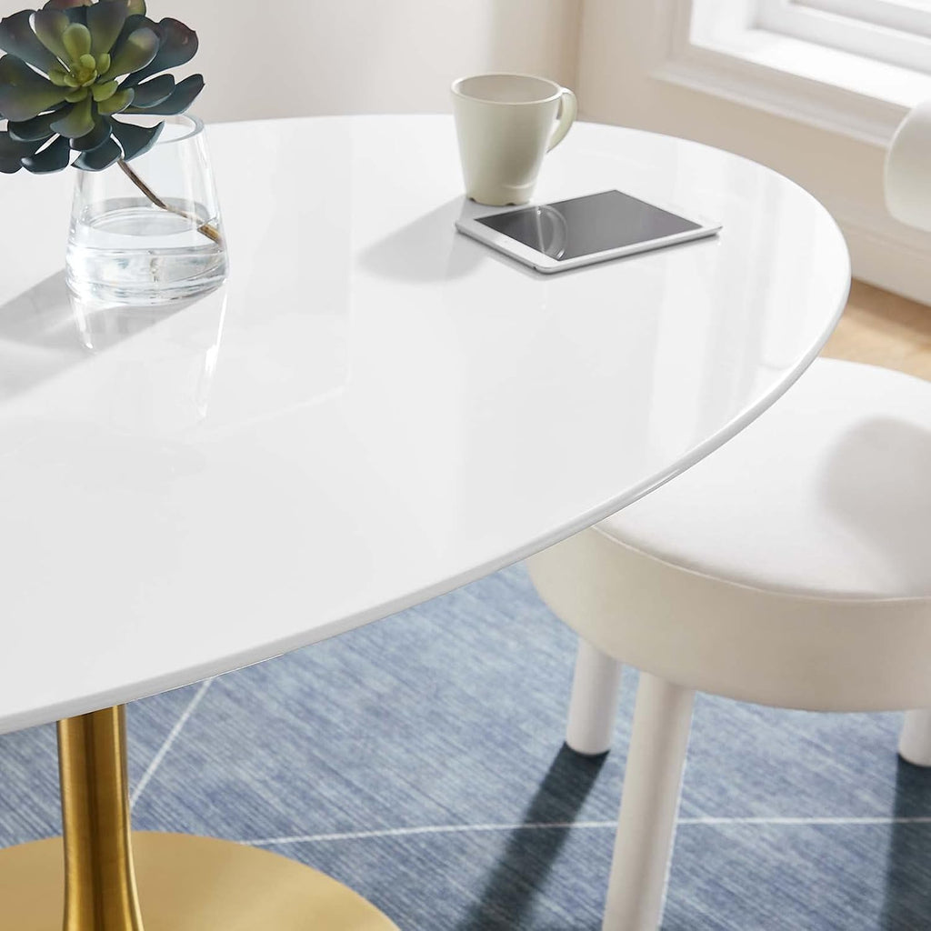Inspired Tulip Style Oval Pedestal Dining Table — Gold Base / White Top, 60″ Oval