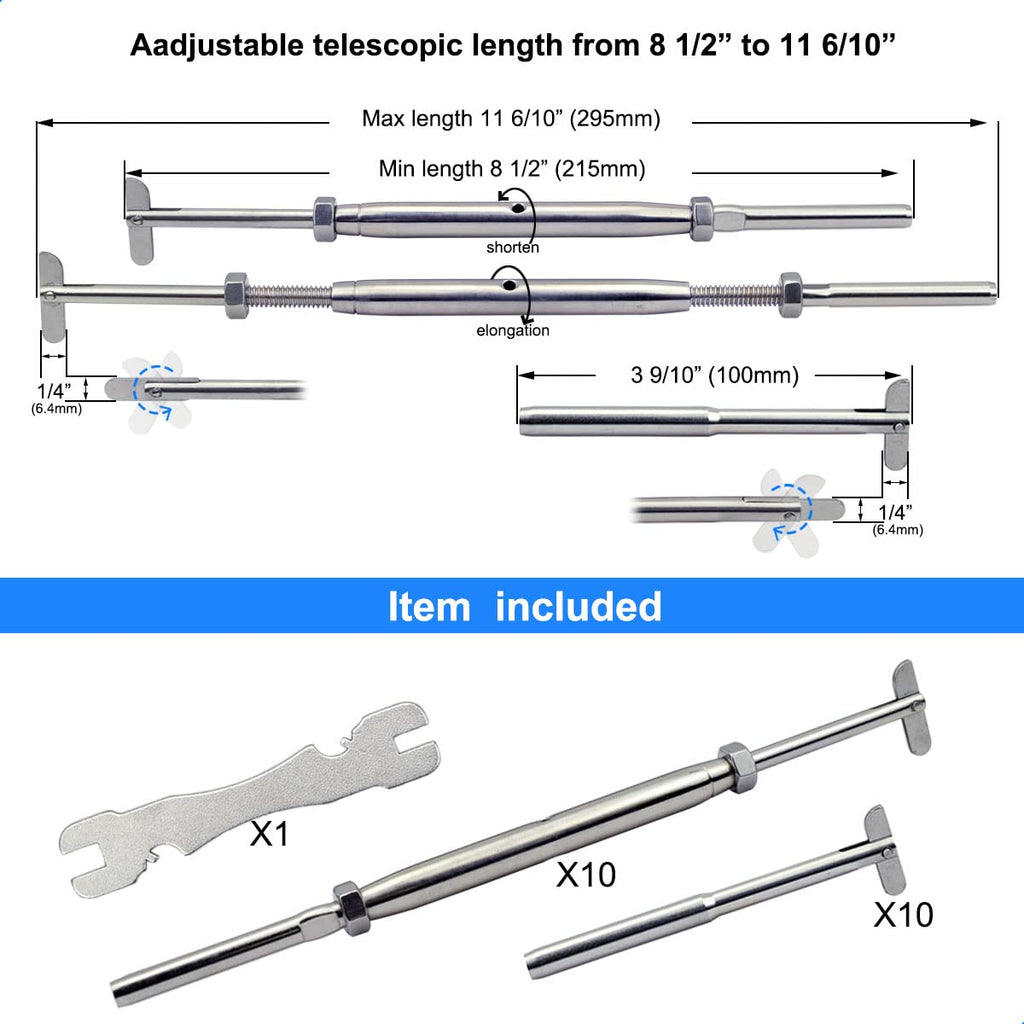 Stainless Steel Cable Railing Hardware Kit for Metal Posts 3/16 Cable Railing System, Drop Pin Turnbuckle 10 Pair