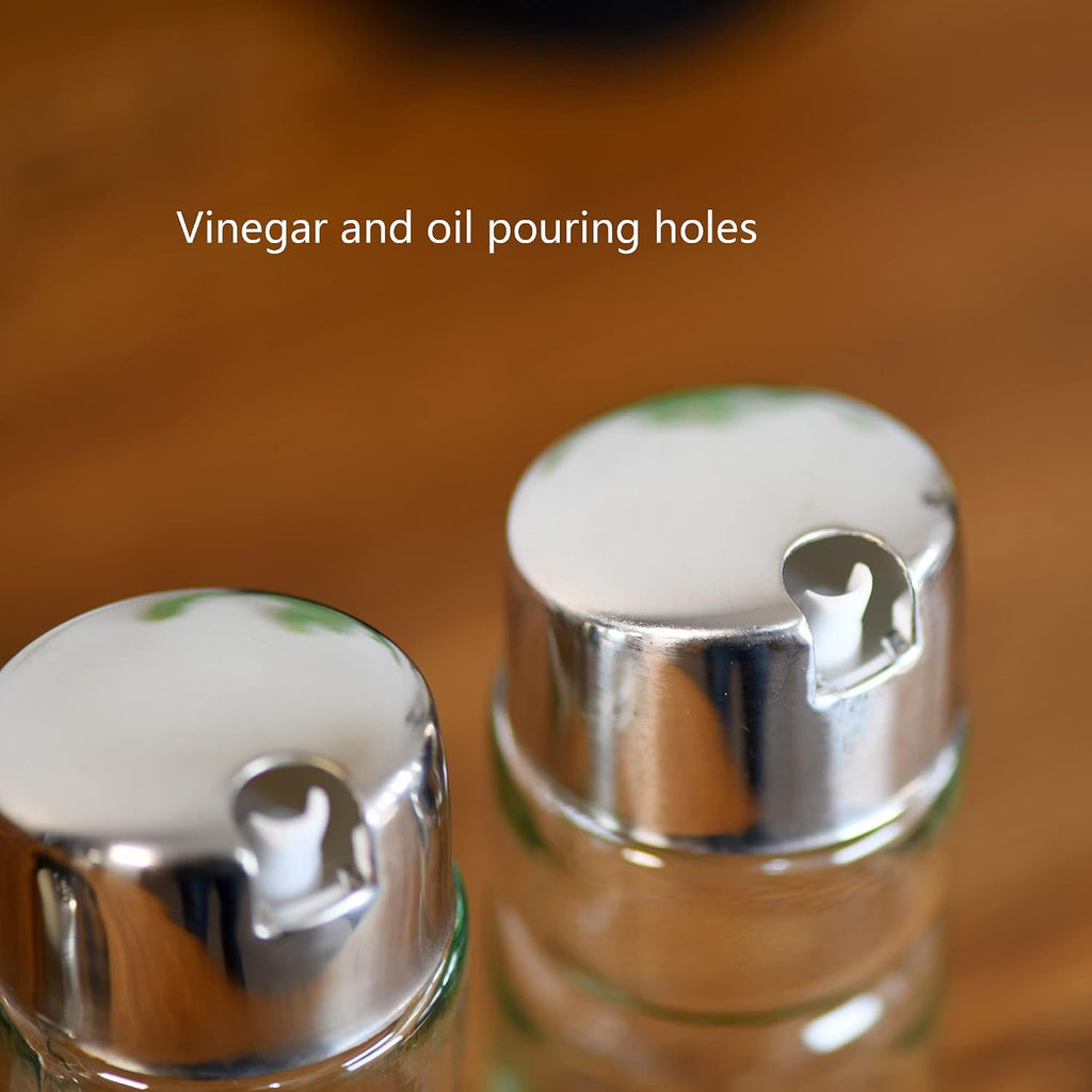 Oil and Vinegar Dispenser Set with Stainless Steel Holder,Clear Glass Olive Oil Dispenser Bottle - Set of 3