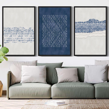 Blue Abstract Boho Framed Wall Art Large 24x36in Minimalist Mid-Century Modern Wall Decor Geometric Artwork Kitchen