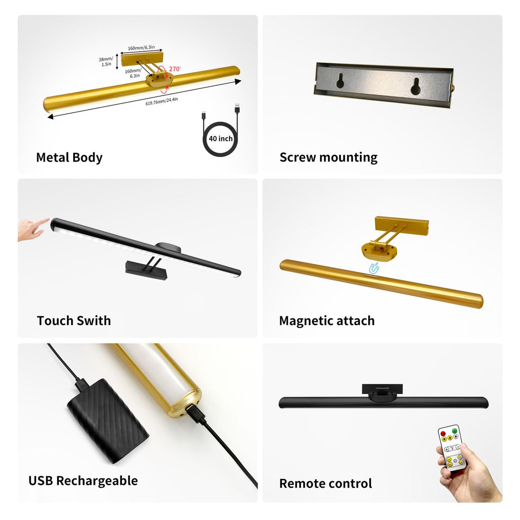 24.4" Wireless Picture Lights, Rechargeable Battery Art Display Light with Remote Control, Dimmable/Timer Off