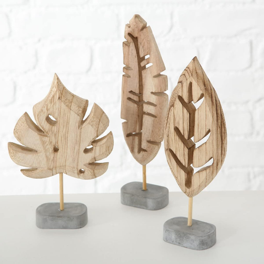 Modernist Leaf Figurines, Set of 3, Hand Carved, Solid Wood, Post Mounted, Grey Gallery Base, 7.75 Inches Each