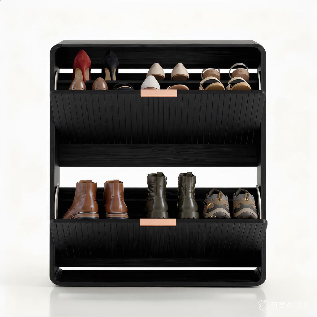 Modern Shoe Cabinet with 2 Flip Drawers, Fluted Panel Freestanding Wood Organizer, Black
