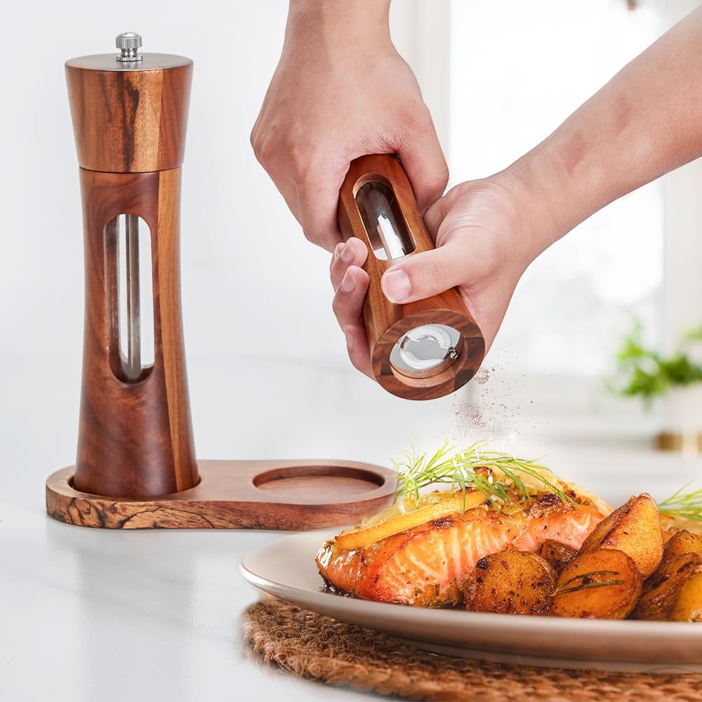Wooden Salt and Pepper Grinder Set with Tray, 8 Inch Manual Salt & Pepper Shakers with Adjustable Coarseness, Salt - Set of 2