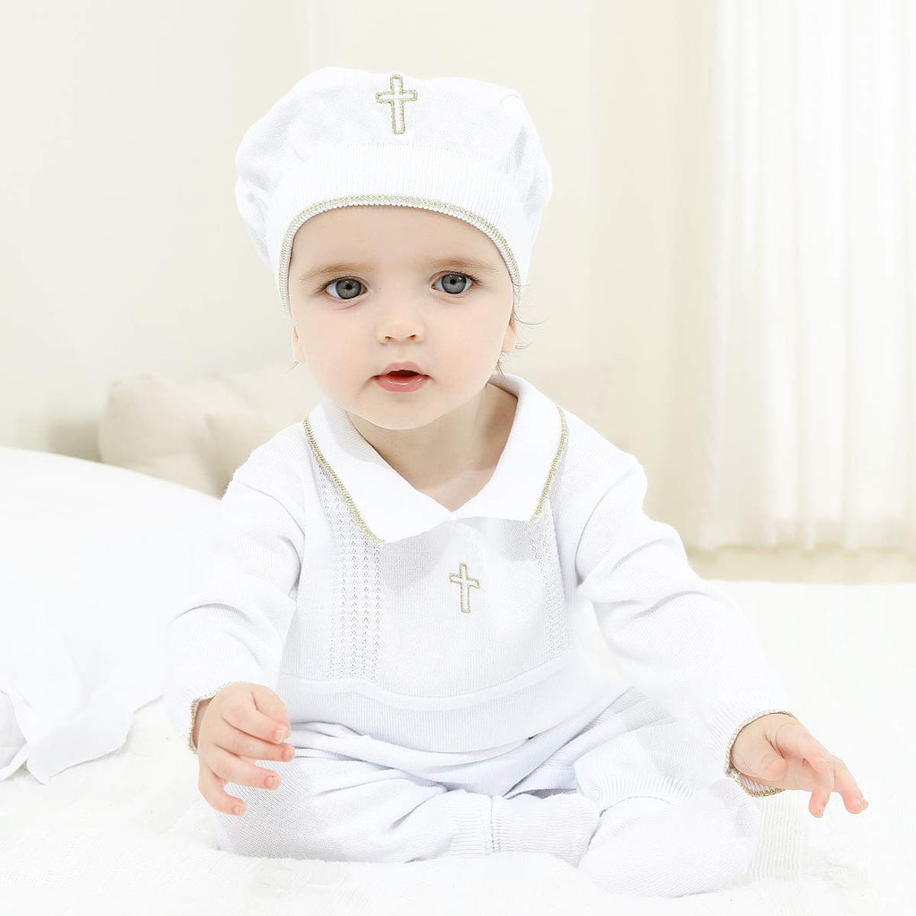 Baby Boy Baptism Outfit with Hat Christening Outfit-Cross Detail - Pure White
