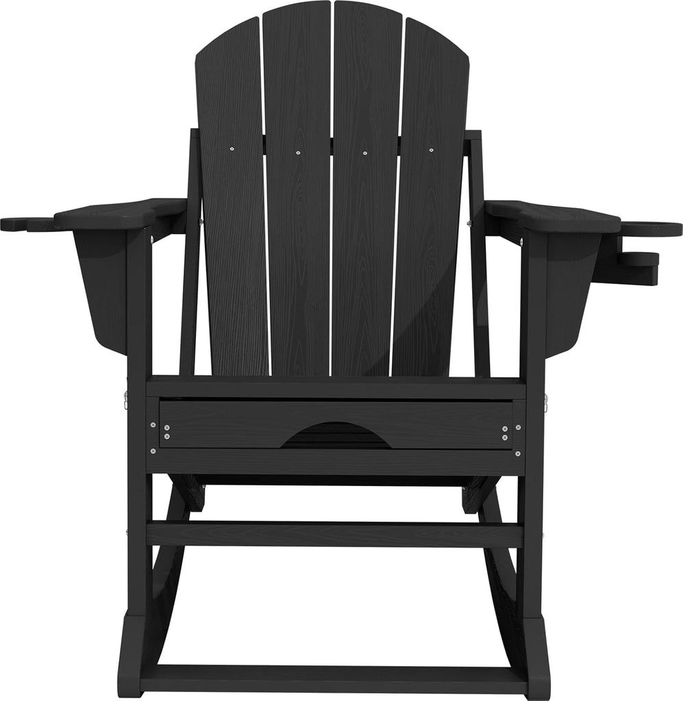 Adirondack Rocking Chair with Ottoman and Cup Holders | HDPE Porch Rocker, Black