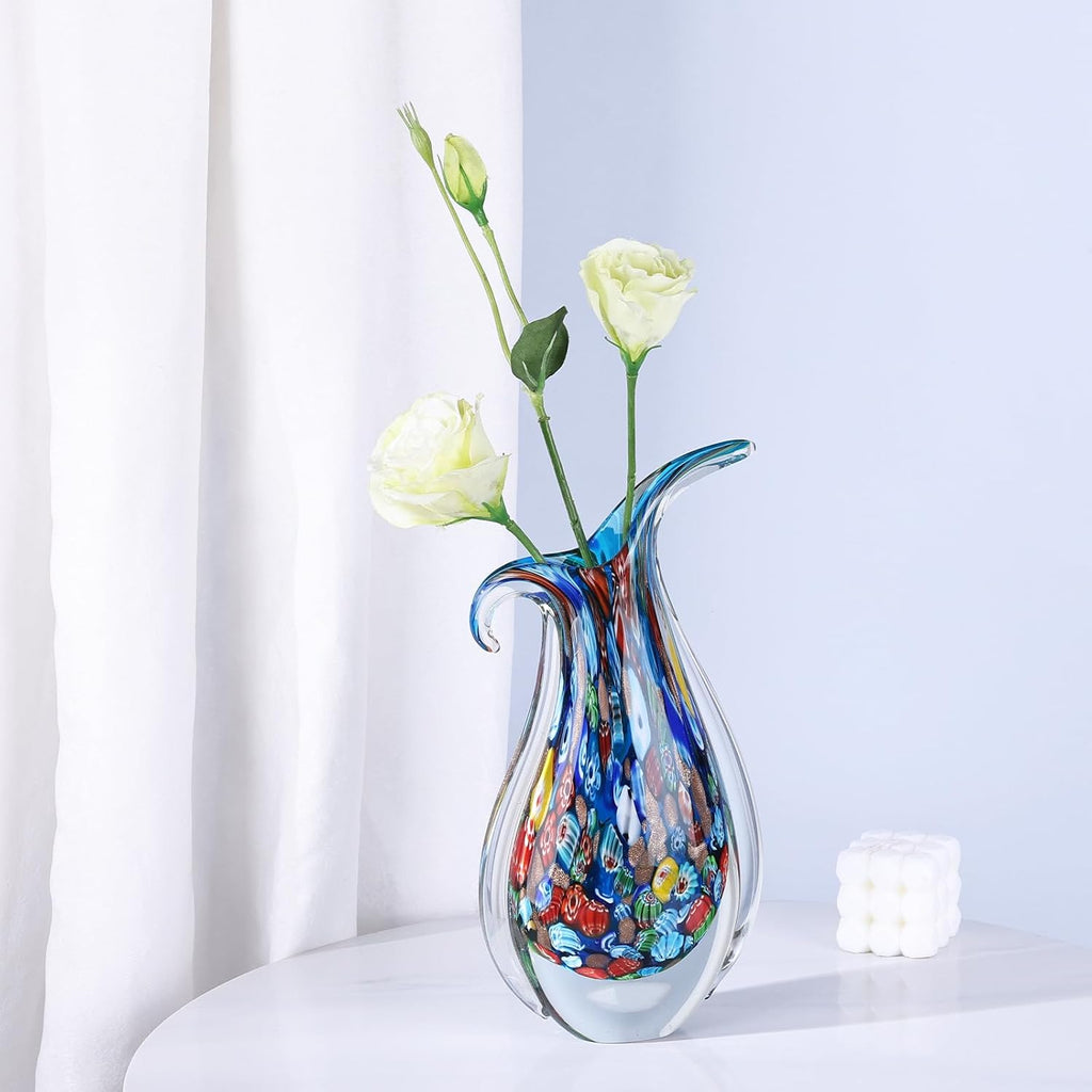 Hand Blown Glass Vase for Centerpiece, Murano Style Table Decoration, Blue Blown Art Glass Ellipse Flower Vase