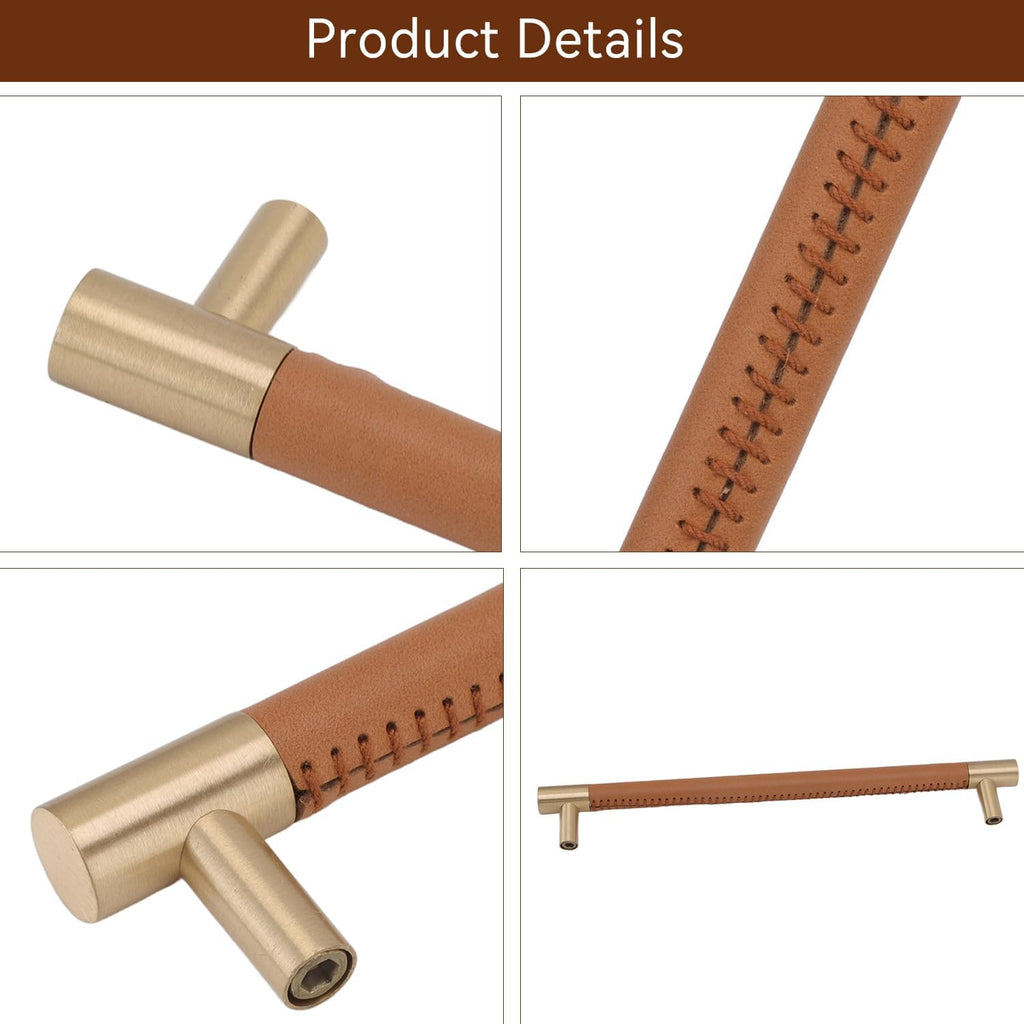 Leather Brass Cabinet Handle,10.1x1.5x0.59in/25.7x3.8x1.5cm